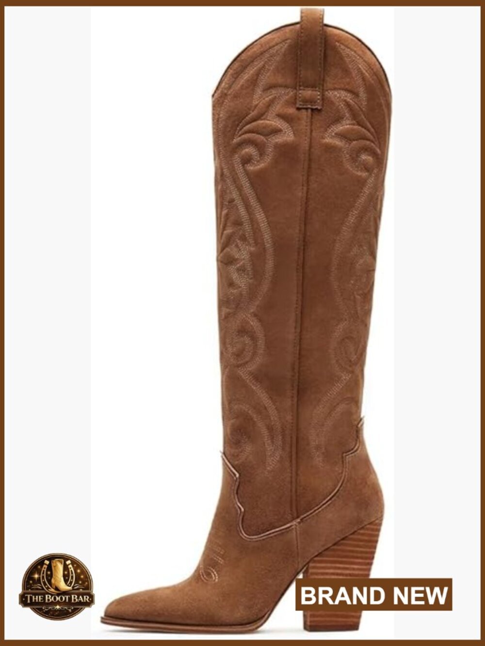 Knee High Cowboy Boots Women Pointed Toe Chunky Heels Embroidered Wide Calf